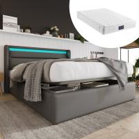 Cama de almacenamiento hidráulico con tira de Luz LED, Cama Doble Marco de Cama tapizada 160x200 cm, Cama funcional, gris (con colchón) - details 5