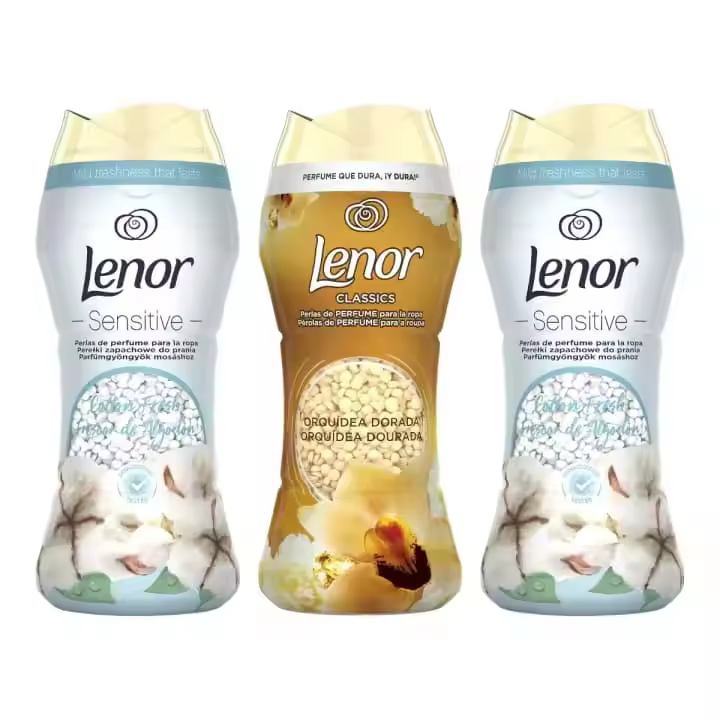 Lenor Pack de 3 Perlas de Perfume - Frescura y Aroma Duraderos para Tu Ropa - Ahorro 3 Botes (2x Sensitive Algodón + 1x Orquídea Dorada) - 1