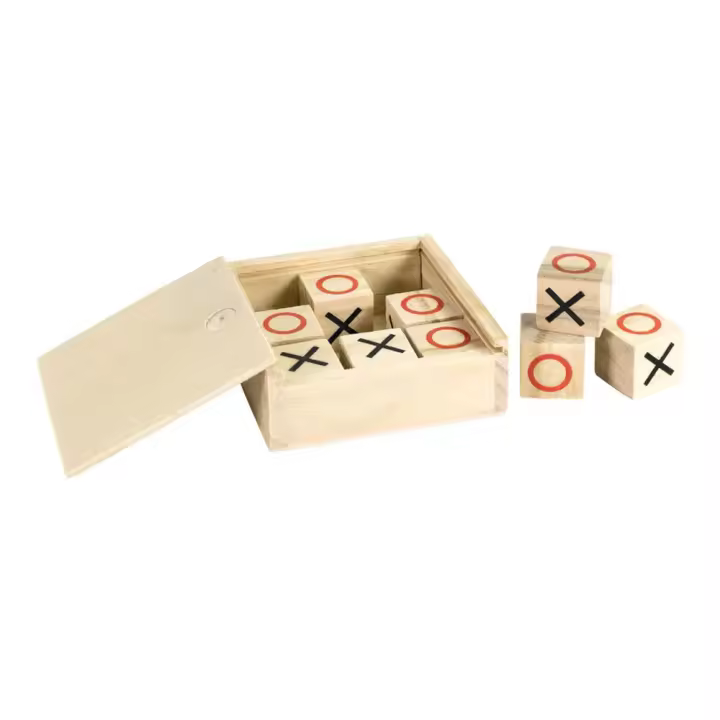 Juego infantil tres en raya en madera natural. Con 6 dados de madera impresos por 2 caras. Regalo perfecto para dar a niños y niñas en cumpleaños y fiestas infantiles. Juego de mesa divertido y educativo. Medidas de la caja: 7*7*2,5cm. - 1
