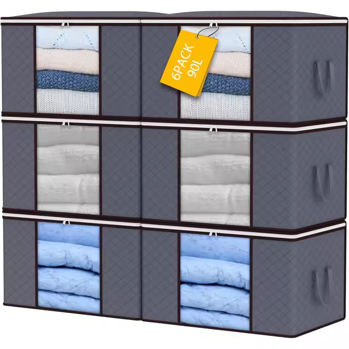 Bolsas de almacenamiento de 90 l, paquete de 6 cajas de gran capacidad para guardar ropa con tapa y cremallera, cajas plegables con asa reforzada. - 1