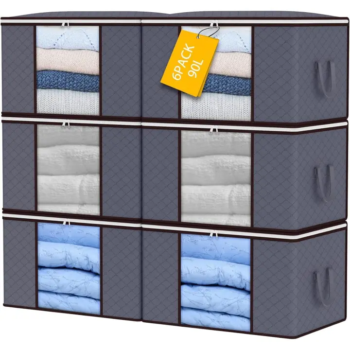 Bolsas de almacenamiento de 90 l, paquete de 6 cajas de gran capacidad para guardar ropa con tapa y cremallera, cajas plegables con asa reforzada. - 1