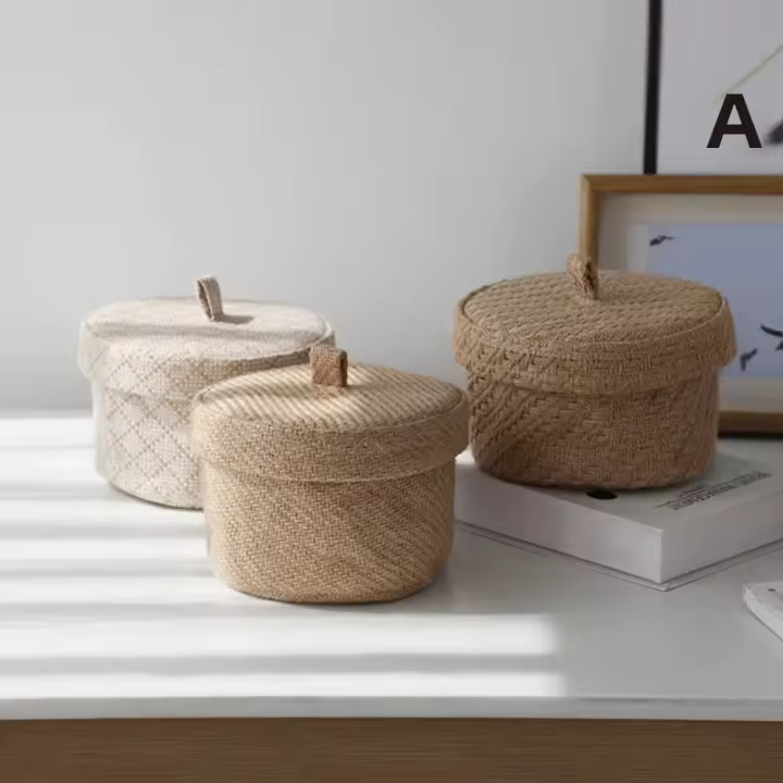 Caja De Almacenamiento De Jute De Sección Redonda Para Regalos Y Snacks Caja De Almacenamiento De Flores De Seagrass Con Tapa Caja De Armario Ecológica Y Hecha De Fibra Vegetal - 1