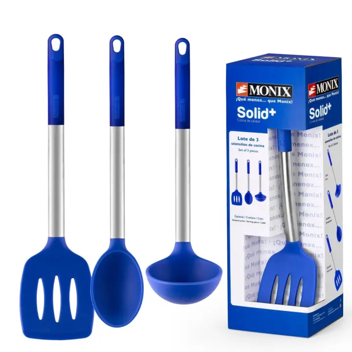 Monix Solid Plus - Set 3 Utensilios o Accesorios de Cocina. Cuchara, cazo y espátula de acero inoxidable y silicona azul - 1
