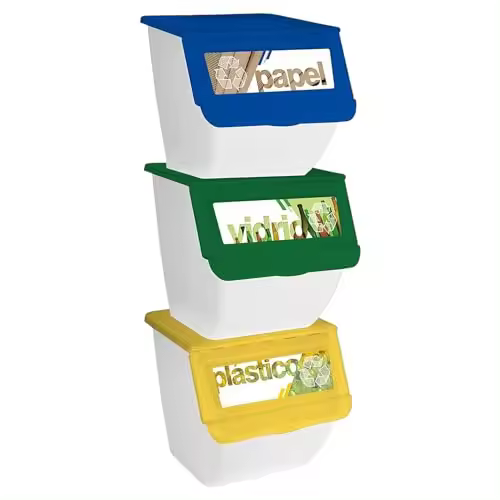 TIENDA EURASIA® Cubos de Basura de Reciclaje - Pack 3 Cubos Apilables de Cocina con Ruedas - Capacidad 36 L - Ideal para Reciclar (Plástico - Papel - Vidrio) - 1