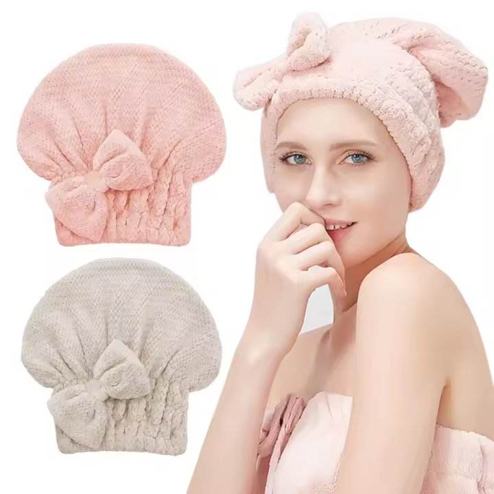 2 Toallas de microfibra, gorra de pelo súper absorbente con arco, gorra de salón de secado rápido, diadema para mujer (Rosa/marrón) - 1