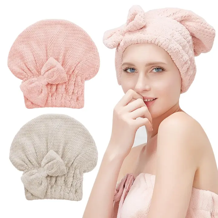 2 Toallas de microfibra, gorra de pelo súper absorbente con arco, gorra de salón de secado rápido, diadema para mujer (Rosa/marrón) - 1