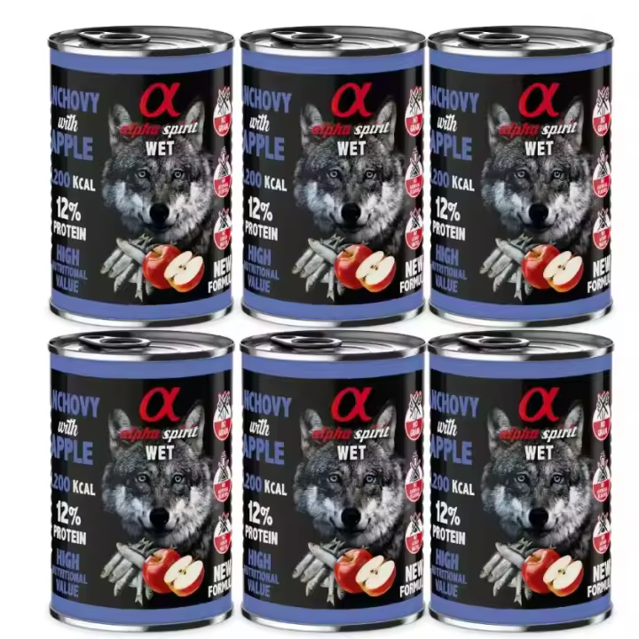 Pack 6 latas x 400 Gr - Alpha Spirit Comida Húmeda de Boqueron con manzana roja para Perros - 1