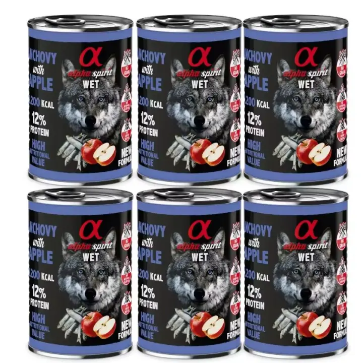 Pack 6 latas x 400 Gr - Alpha Spirit Comida Húmeda de Boqueron con manzana roja para Perros - 1