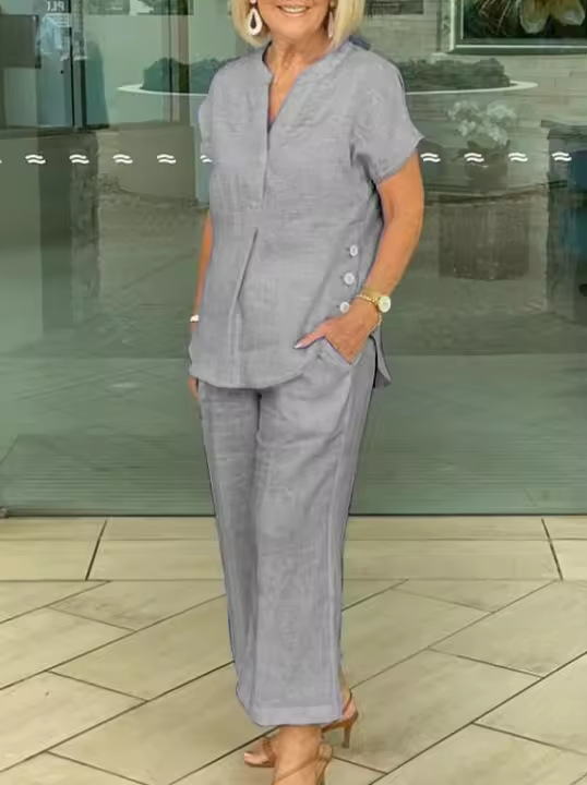  Conjunto De Dos Piezas De Verano Para Mujer Con Cuello En V Manga Corta Cintura Elástica Pantalones De Pierna Ancha Tejido De Lino Y Algodón Conjunto De Moda - 1
