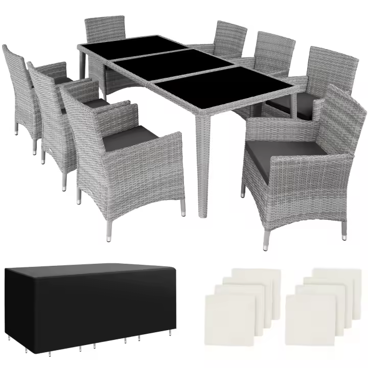 Tectake - Conjunto de ratán y aluminio MENORCA, Las cómodas sillas y la elegante mesa invitan a pasar agradables momentos a su alrededor, 8 sillas + 1 mesa, Incluye 2 fundas intercambiables + funda protectora, incluye tuercas de acero inoxidable - 1