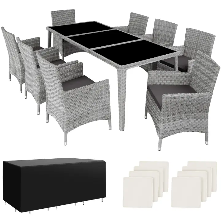 Tectake - Conjunto de ratán y aluminio MENORCA, Las cómodas sillas y la elegante mesa invitan a pasar agradables momentos a su alrededor, 8 sillas + 1 mesa, Incluye 2 fundas intercambiables + funda protectora, incluye tuercas de acero inoxidable - 1