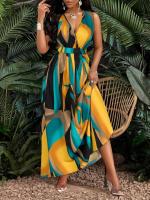 Vestido De Mujer De Cuello V Sin Mangas De Largo Suelo Con Impresiones Abstractas Para Ocasiones Casuales Y De Playa - details 4