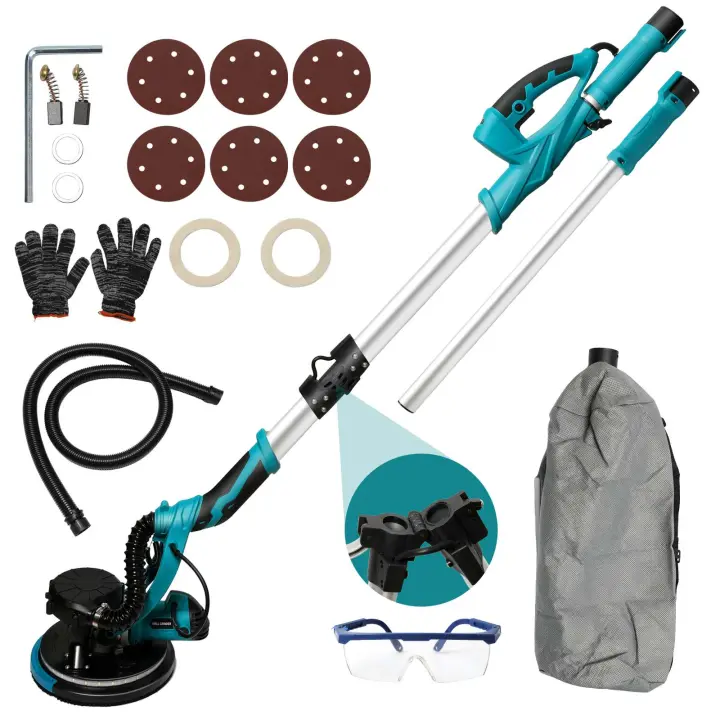 Lijadora de Pared Eléctrica 1250W 800-1800 RPM, con 5 Velocidades Ajustables, 6 Unidades de Papel de Lija, Mango Extensible Plegable, Sistema Automático de Recolección de Polvo, Luz LED, Incluye gafas y guantes - 1
