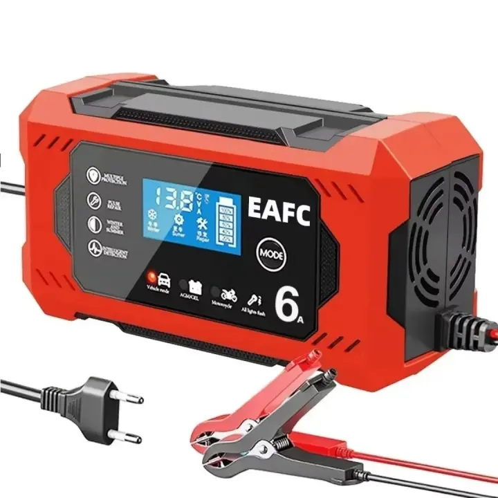 Cargador de batería de coche totalmente automático de 12 V y 6 A con pantalla LCD, cargadores inteligentes, protección múltiple, cargador de batería con reparación de pulsos, para coches y motos - 1