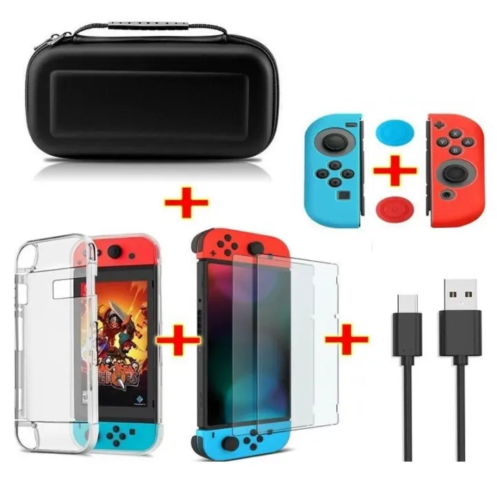 Pack 6 en 1 para NINTENDO SWITCH ⋆ Funda + Carcasa transparente + 2 protectores de pantalla + Cable ⋆ 2 tapas + 2 grips de pulgar ⋆ Protección completa ⋆ Ideal para transporte y uso diario - 1