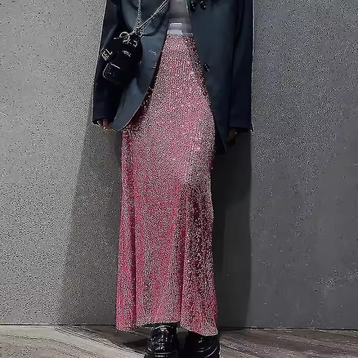 Moda Lentejuelas falda elegante largo cintura alta Oficina casual señora suelta Faldas - 1