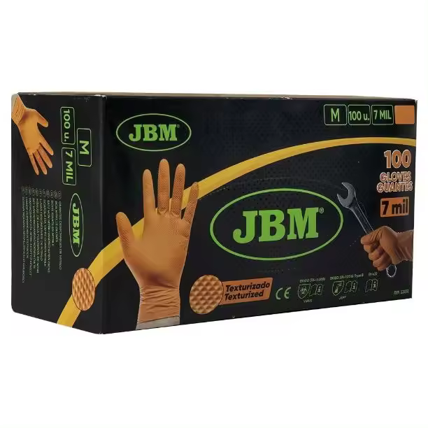 100 Guantes Desechables de Nitrilo JBM, Color Naranja, Textura Diamante - Talla L - 7.0 mm - 1