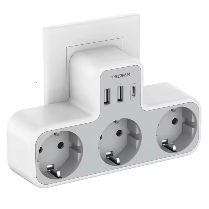 TESSAN Enchufe Europeo Con 3 Salidas AC + 2 Puertos USB + 1 Tipo C Adaptador De Enchufe 6-en-1 Cargador De Pared Para Hogar Y Oficina - 1
