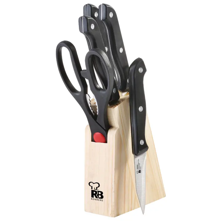 Renberg SET 6PCS Cuchillos y Tijeras de Cocina con Tacoma de Madera - Acero Inoxidable - Colección Bonn - 1