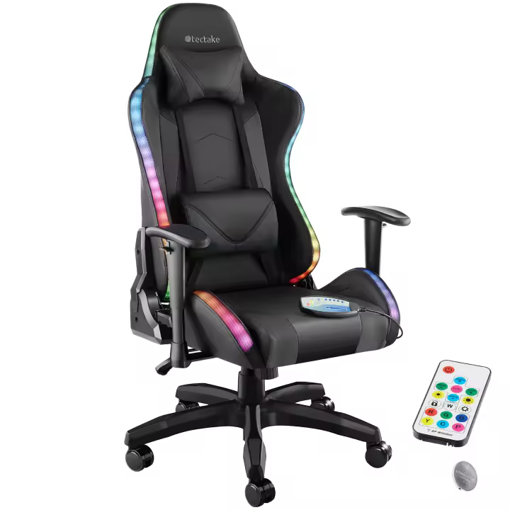 Tectake - Silla de gaming TARTAROS, Función de masaje, Con iluminación LED, Silla de escritorio, Diseño ergonómico, Cojín para el cuello y cojín lumbar extraíbles, Giratoria 360°, Silla para gamer, Capacidad de carga 120 kg - 1
