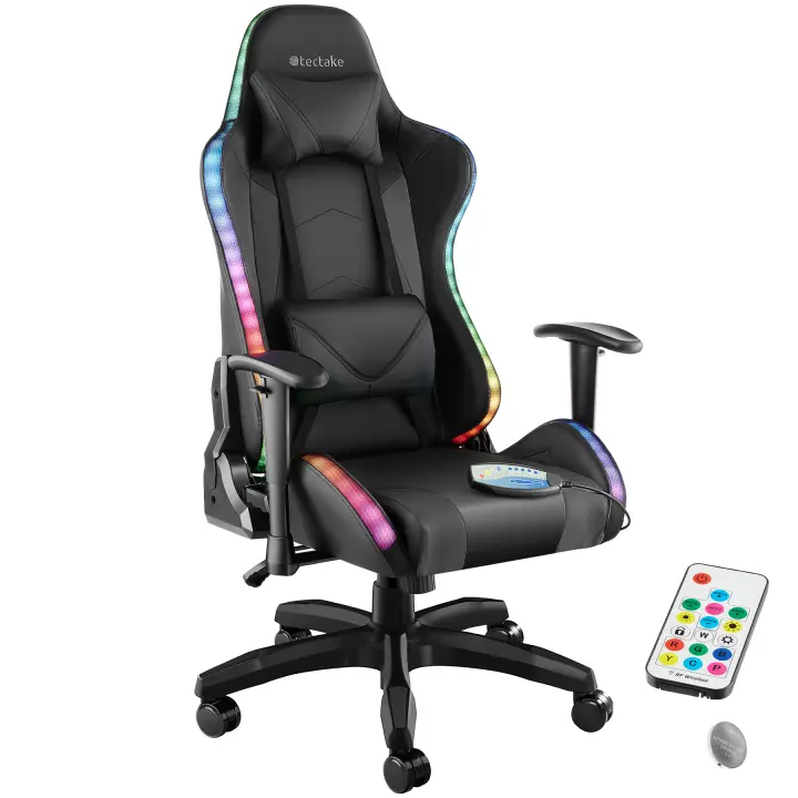 Tectake - Silla de gaming TARTAROS, Función de masaje, Con iluminación LED, Silla de escritorio, Diseño ergonómico, Cojín para el cuello y cojín lumbar extraíbles, Giratoria 360°, Silla para gamer, Capacidad de carga 120 kg - 1