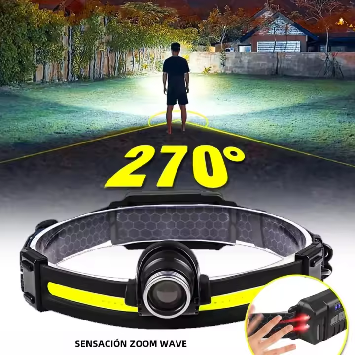 Lámpara Frontal LED Sensor Potente Luz Exterior Zoom Gran Fresnel COB Montada En La Cabeza Para Pesca Running Camping Senderismo - 1
