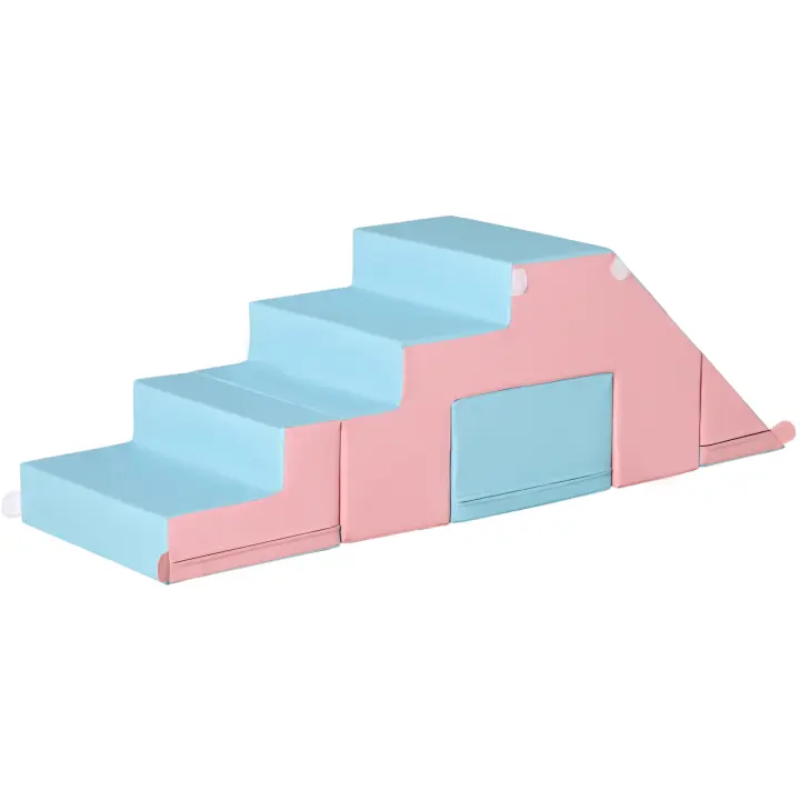 HOMCOM Juego de 2 Bloques de Construcción Juego de Mesa y Silla Tobogán Diseño Reconfigurable Juguetes de Construcción Bloques de Espuma para Niños de 12 a 36 Meses Piel Sintética EPE Rosa + Azul 147/86 x 49 x 47 cm - 1