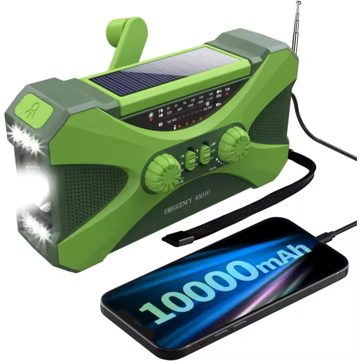 【 10000mAh 】Radio DE EMERGENCIA Solar de manivela, Radio meteorológica NOAA de múltiples Fuentes de Alimentación, linterna, lámpara de Lectura, Cargador de teléfono móvil, Alarma SOS, radio AM/FM/WB portátil con conector para auriculares (verde) - 1