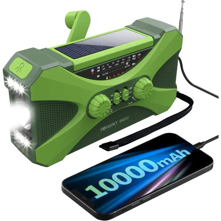 【 10000mAh 】Radio DE EMERGENCIA Solar de manivela, Radio meteorológica NOAA de múltiples Fuentes de Alimentación, linterna, lámpara de Lectura, Cargador de teléfono móvil, Alarma SOS, radio AM/FM/WB portátil con conector para auriculares (verde) - 1