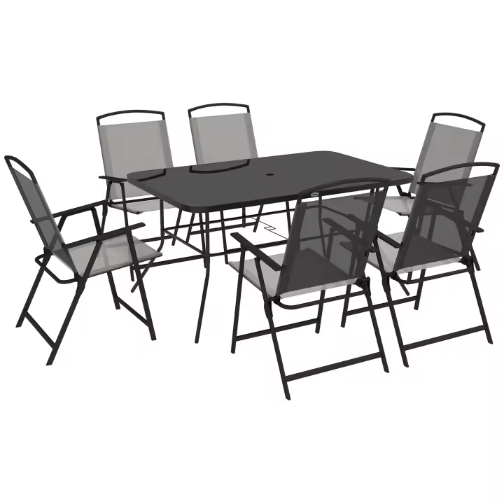 Outsunny Conjunto de Muebles de Jardín 8 Piezas Juego de Comedor de Jardín con 6 Sillas Plegables Mesa de Comedor de Vidrio y Sombrilla Inclinable para Terraza Patio - 1