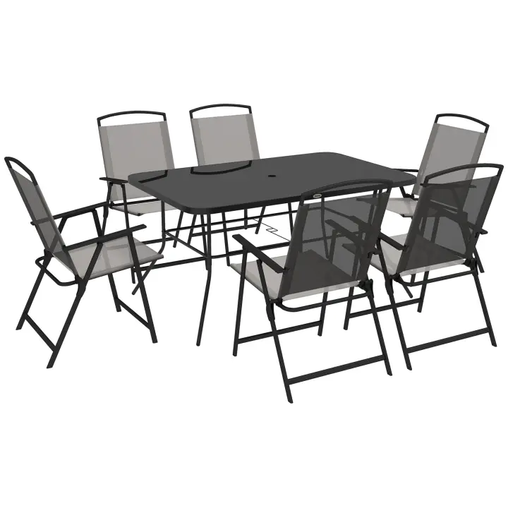 Outsunny Conjunto de Muebles de Jardín 8 Piezas Juego de Comedor de Jardín con 6 Sillas Plegables Mesa de Comedor de Vidrio y Sombrilla Inclinable para Terraza Patio - 1