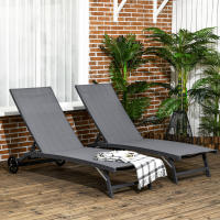 Outsunny Juego de 2 Tumbonas Reclinables de Jardín Sillas de Aluminio para Exteriores con Respaldo Ajustable de 5 Niveles y Ruedas para Playa Piscina 165x66x102 cm - details 1