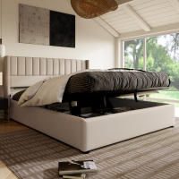 Cama de almacenamiento Cama tapizada Cama Doble hidráulica 140x200cm, colchón de látex, colchón de Muelles, somier de lámparas de Madera, somier de Estructura metálica, ropa de Cama, beige (con colchón) - details 6