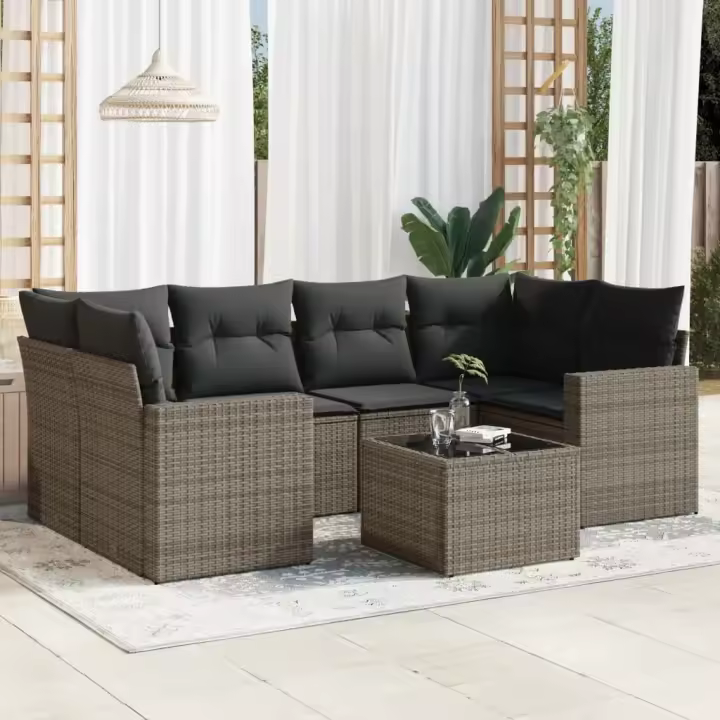 vidaXL Set de sofás de jardín 7 piezas con cojines ratán PE gris - 1