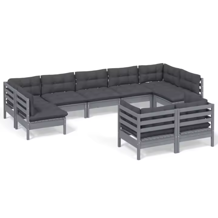 vidaXL Muebles de jardín 9 pzas y cojines gris madera maciza de pino - 1