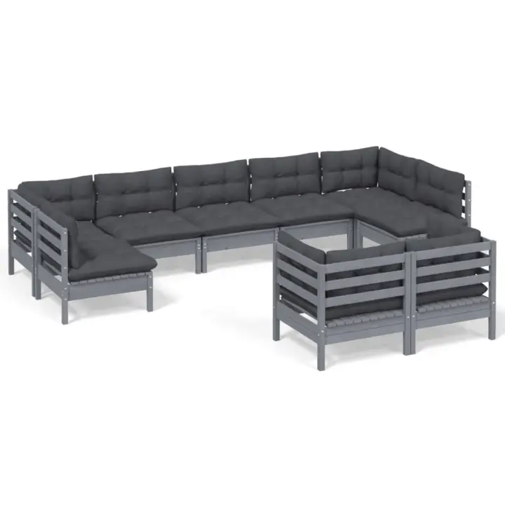 vidaXL Muebles de jardín 9 pzas y cojines gris madera maciza de pino - 1
