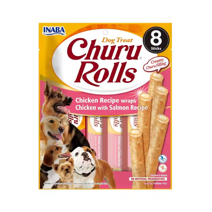 Inaba Churu Rolls Receta de Pollo y Salmón Snack para Perros (8 packs x 8 unidades x 12gr) - 1