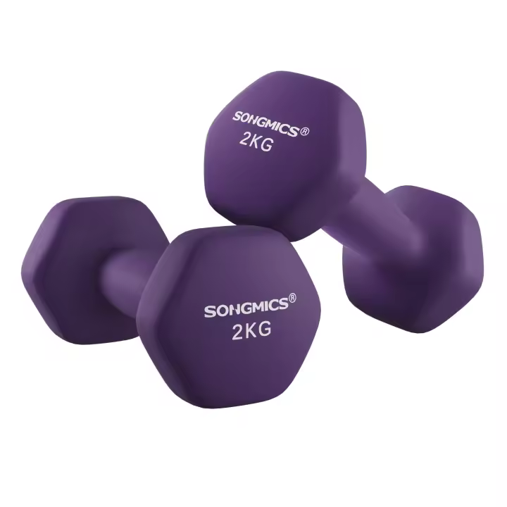 SONGMICS Juego de 2 mancuernas, mancuernas hexagonales, revestimiento de neopreno, entrenamiento de fuerza, entrenamiento, fitness, para casa, Violeta/Verde Lima/Azul Pálido - 1