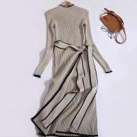 Vestido Bandage Tejido Vintage Para Mujer Con Rayas Slim De Manga Larga Estilo Elegante Para Oficina Vestido Irregular De Cuello Alto Casual De Otoño - details 12