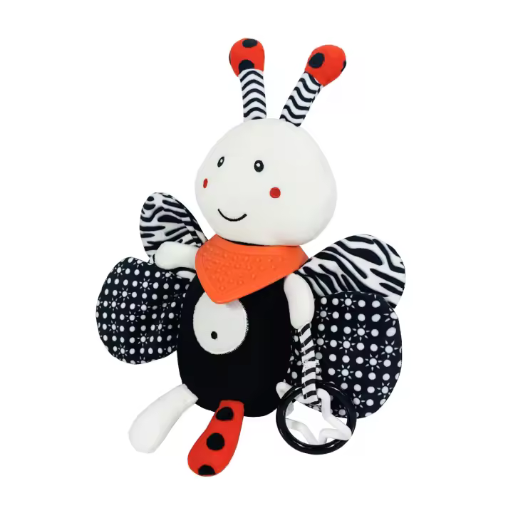 Lindo mordedor calmante muñeco cachorro conejo blanco y negro cascabel juguete de peluche con sonajero juguete de papel para bebé - 1