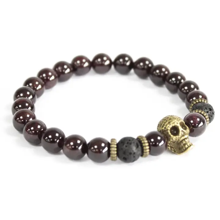 Calavera de bronce / Piedra de sangre - Pulsera de piedras preciosas - 1