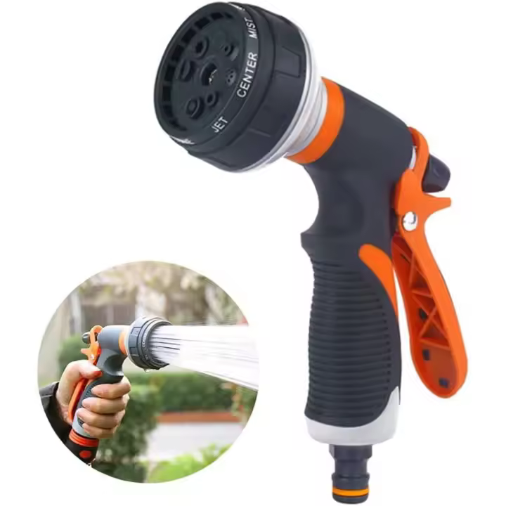 Alcachofa de jardín, 8 patrones de riego ajustables, pistola de pulverización de jardín, flujo de agua ajustable para riego, césped, baño de mascotas, lavado de coches - 1