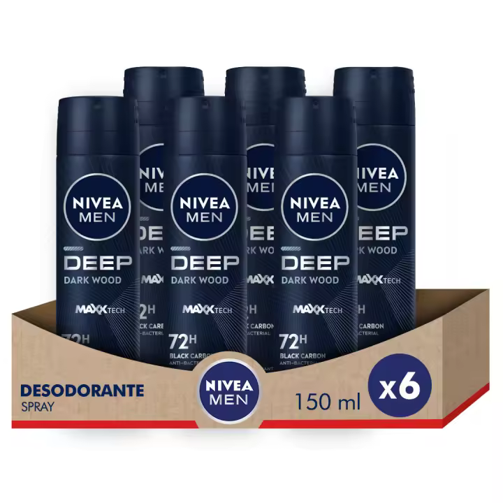 NIVEA MEN Pack ahorro - Deep Carbón Negro Dry & Clean Spray, Desodorante para hombre 150ml x 6 unidades - 1