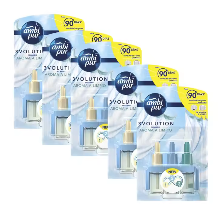 Ambi Pur 3Volution Ambientador Eléctrico Recambio Aroma a Limpio, 3 Fragancias Complementarias Para Eliminar Los Malos Olores, 5 unidades de 21ml - 1