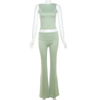 Conjunto De Ropa De Verano Para Mujer Weird Puss 2 Piezas Camiseta Sin Espalda Y Pantalones Flares Estilo Callejero Elegante Y Casual - details 1