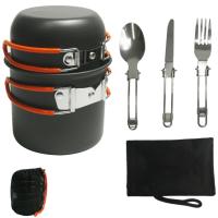 6-piece camping accessories set, two hard aluminum cookware sets with stainless steel cutlery, available in orange or green - details 6