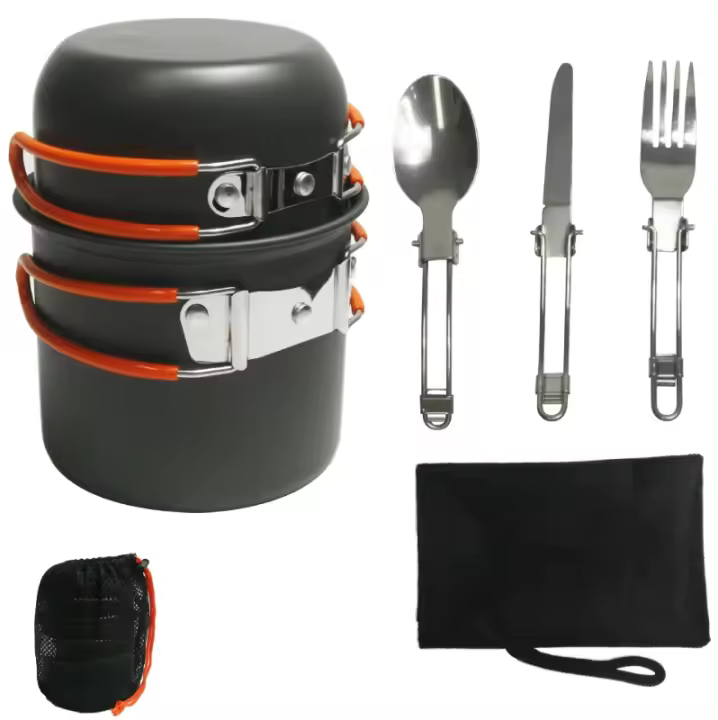 6-piece camping accessories set, two hard aluminum cookware sets with stainless steel cutlery, available in orange or green - 1