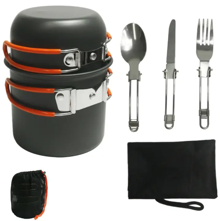6-piece camping accessories set, two hard aluminum cookware sets with stainless steel cutlery, available in orange or green - 1