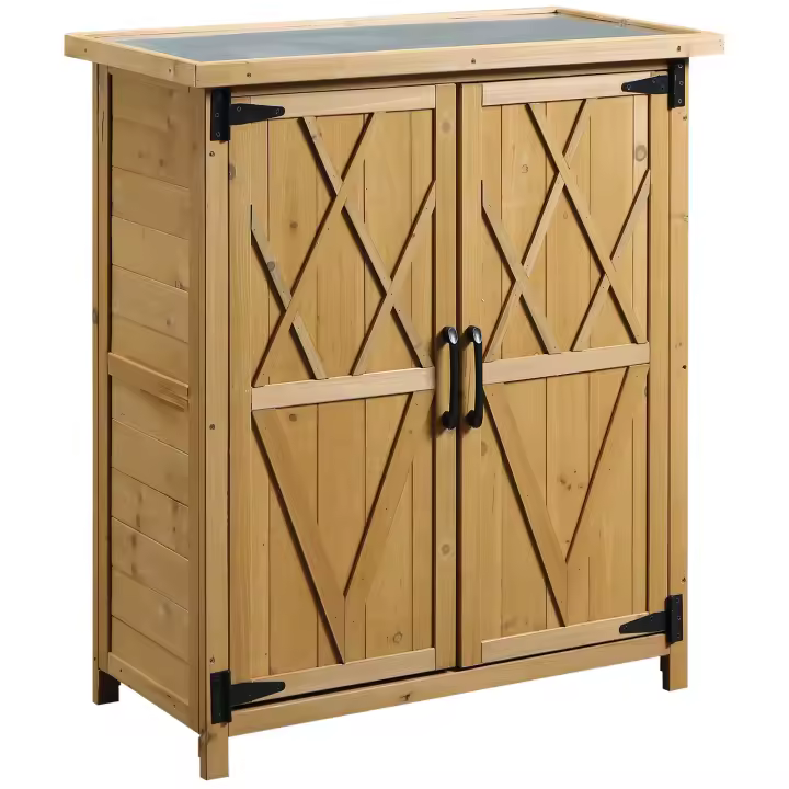 Outsunny Armario de Madera de Jardín 75x40x90 cm 0,24 m² para Almacenamiento de Herramientas con 2 Puertas 4 Estantes y Techo Galvanizado para Exterior Terraza Natural - 1