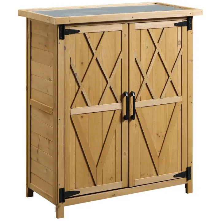 Outsunny Armario de Madera de Jardín 75x40x90 cm 0,24 m² para Almacenamiento de Herramientas con 2 Puertas 4 Estantes y Techo Galvanizado para Exterior Terraza Natural - 1
